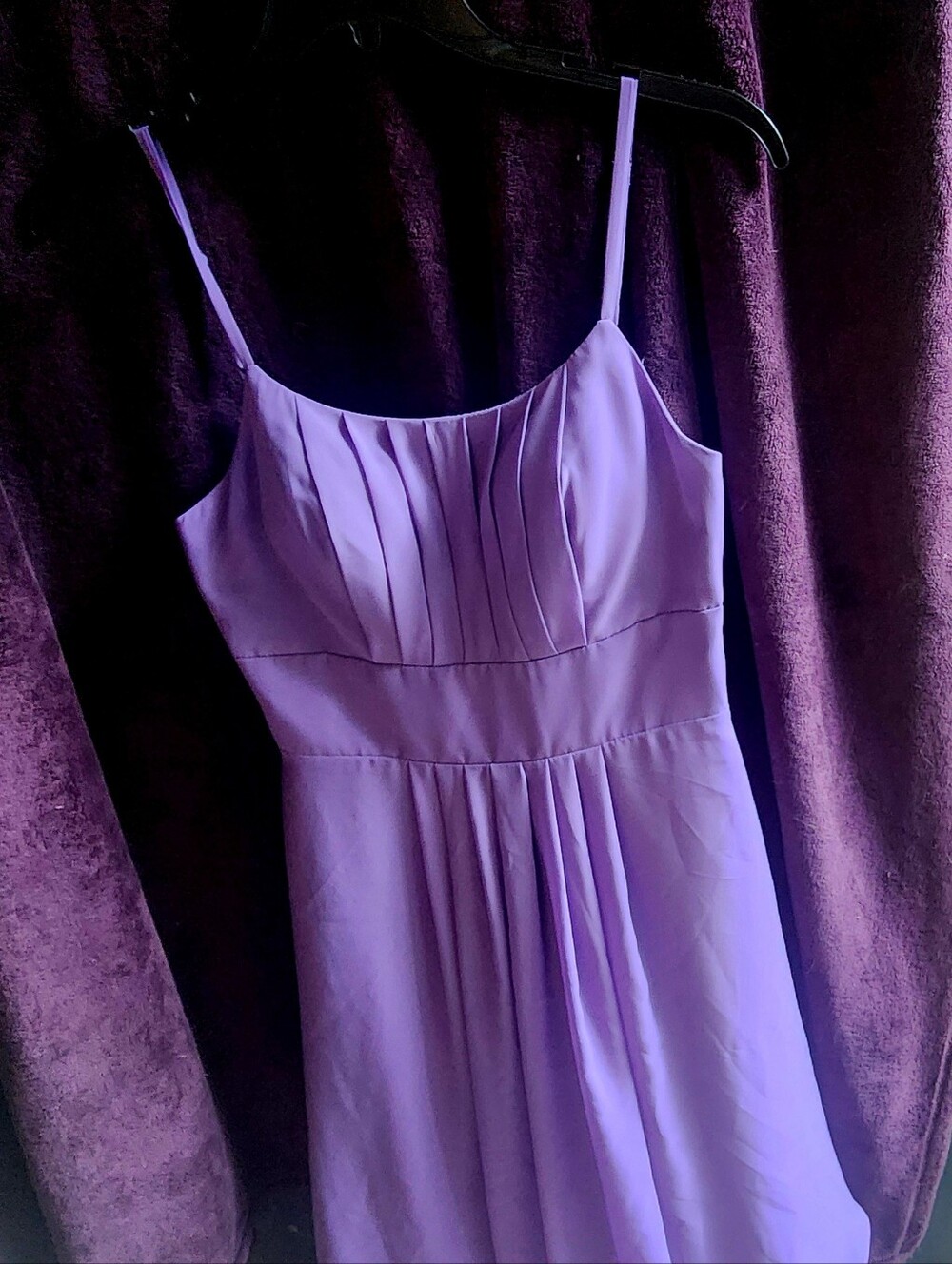 JJ's House Purple Satin A-Line Spaghetti Strap Pleated Scoop Neck Dress 8
